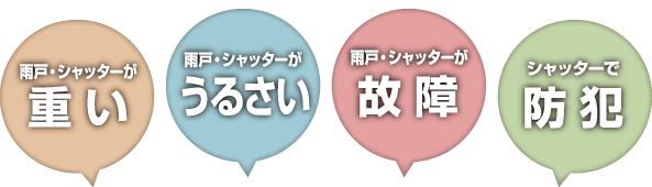 雨戸・シャッターが重い　雨戸・シャッターがうるさい　雨戸・シャッターが故障　シャッターで防犯
